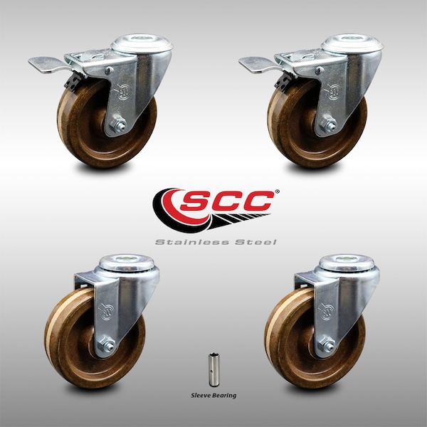 4 Inch High Temp Phenolic Swivel Bolt Hole Caster Set with 2 Total Lock Brake